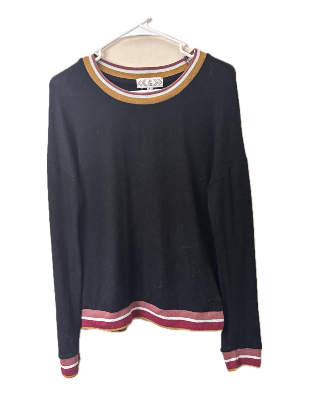 Y2K Black Knit Sweater Pink Stripe Trim Lightweight Long Sleeve Top